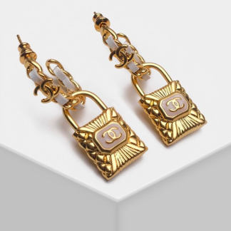 Chanel Earrings | Chanel Lock Earrings  | Chanel Hoop Earrings | White Leather Enamel Padlock Hoop Earrings