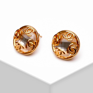 Chanel Logo Gold Clear Crystal Earring Studs | Chanel Round Rose Cut Crystal Earrings