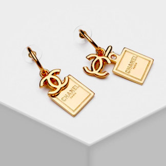 Vintage Chanel Gold Perfume Bottle Hoop Earrings | Chanel Signed Hoops