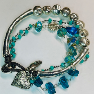 Crolius Handmade Bracelet | Brown Leather Silver and Blue Gemstone Beads Bracelet